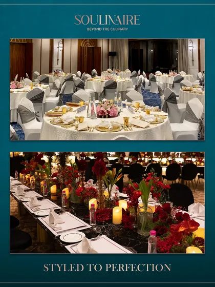A collage of tables styled to perfection, from formal sit-down dinners with grey and gold themes to long tables with dramatic red floral runners. We design with finesse.