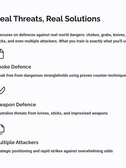We train for real threats. My curriculum focuses on practical solutions for the most common dangers you might face, including chokes, weapon attacks, and even multiple attackers.