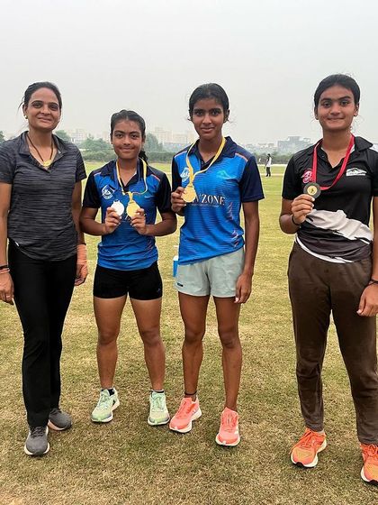 Our girls' team displaying their haul of medals from the CBSE Cluster 19 athletics championship in multiple events like 100m, 200m, 400m, 800m, and shotput.