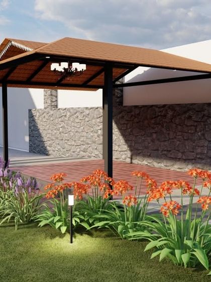 A 3D render focusing on a garden gazebo next to a stone clad wall, surrounded by colorful flowering plants. We use these designs to experiment with textures and color palettes.