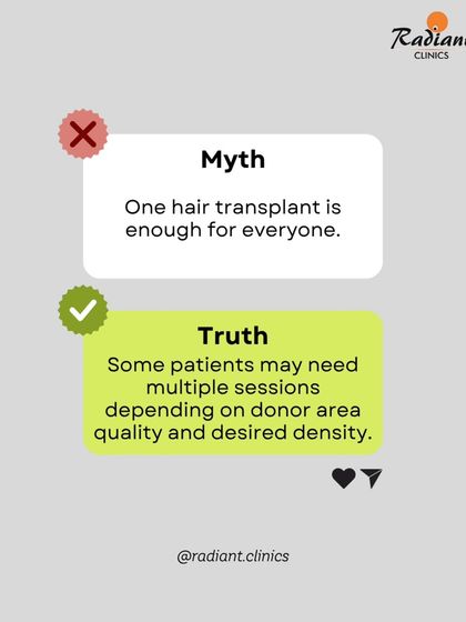 Myth: One hair transplant is enough for everyone. Truth: This depends entirely on the individual. The extent of your hair loss, the quality of your donor area, and your desired density will determine if multiple sessions are needed over time.