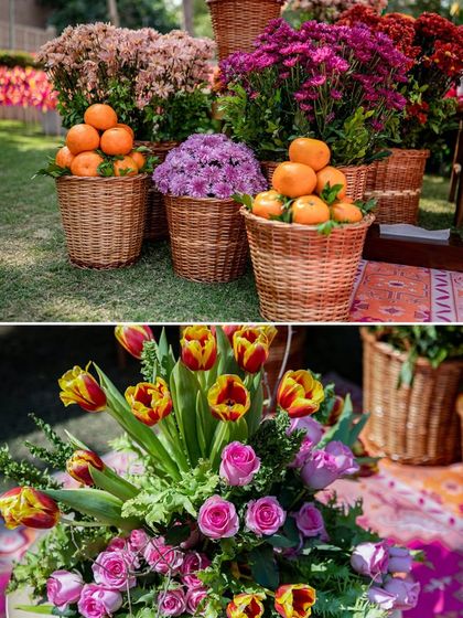 A collage of floral details, contrasting the rustic charm of oranges and chrysanthemums in baskets with an elegant bouquet of tulips and roses.