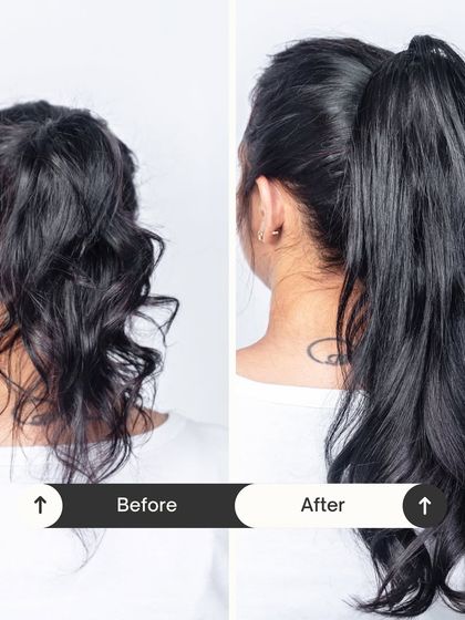From a thin, short ponytail to a full, glamorous one in seconds. This transformation showcases the power of my clip-in clutch ponytail to instantly elevate your look with added volume and length.