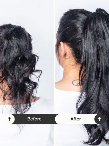 From a thin, short ponytail to a full, glamorous one in seconds. This transformation showcases the power of my clip-in clutch ponytail to instantly elevate your look with added volume and length.