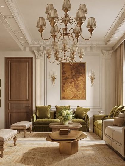 A different perspective of the green and neutral living room, showing the beautiful wooden doors and built-in shelving. The design emphasizes natural materials and a connection to the outdoors, seen through the large arched window.