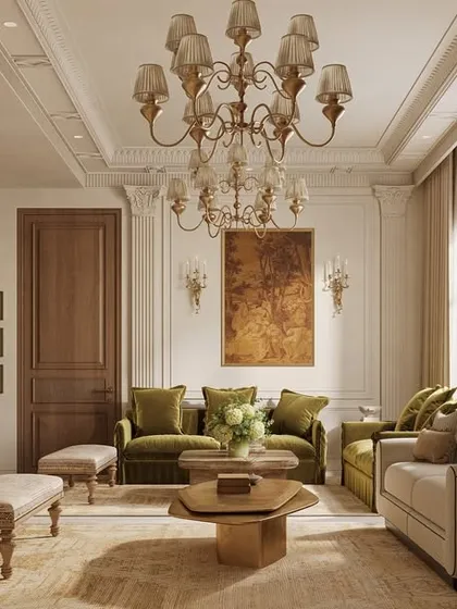 A different perspective of the green and neutral living room, showing the beautiful wooden doors and built-in shelving. The design emphasizes natural materials and a connection to the outdoors, seen through the large arched window.