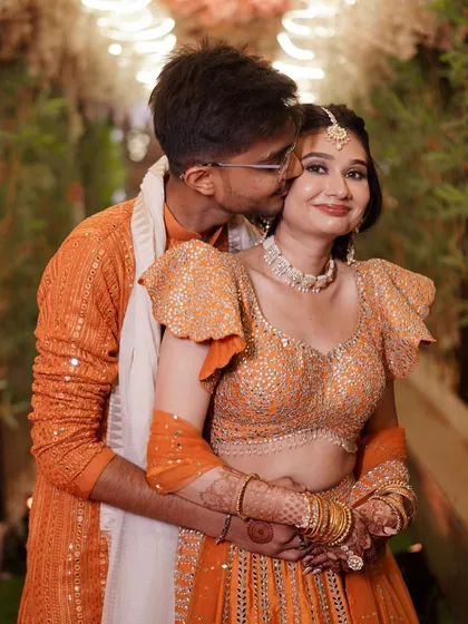 A beautiful Haldi look. The makeup is soft and pretty, with a focus on enhancing her features while keeping the look fresh and appropriate for a daytime event.