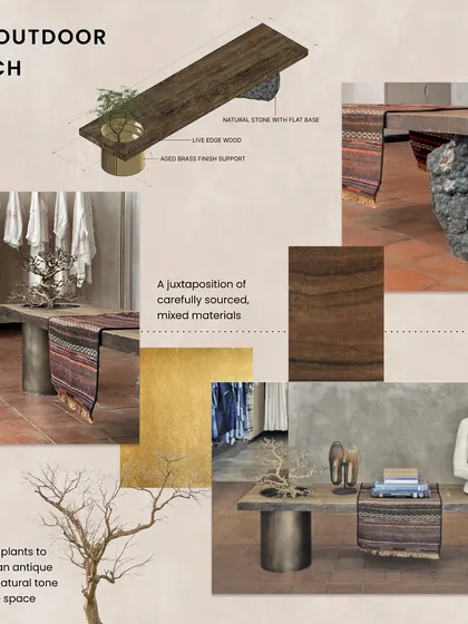 Our design process is rooted in thoughtful curation and craftsmanship. This mood board for a retail space in Kala Ghoda shows how we juxtapose materials like live-edge wood and natural stone, and source unique elements like aged plants and antique textiles to build a rich, sensory brand experience.