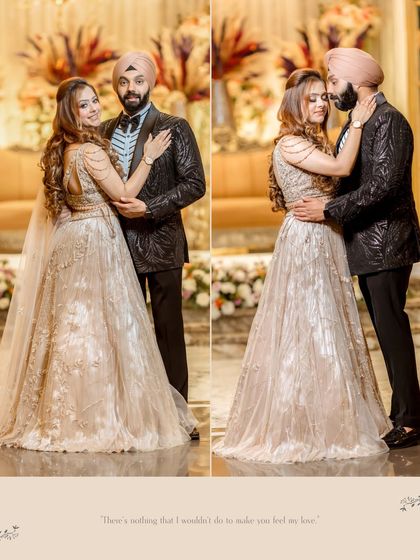 A diptych of the couple in front of a glittering stage. These poses, one looking at the camera and one at each other, capture both their public celebration and their private connection.
