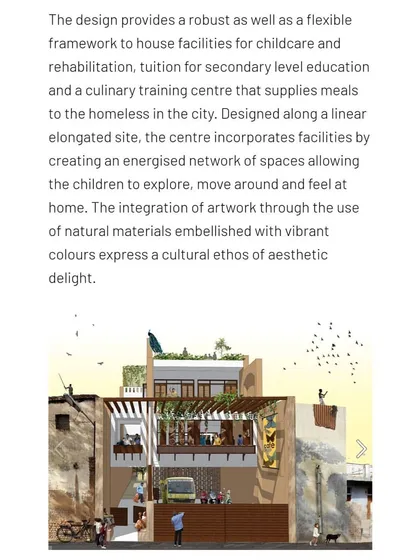 A design rendering and text from an article explaining the project's goal. It was to create a flexible framework for childcare, education, and rehabilitation, with a network of spaces that allow children to explore and feel at home.