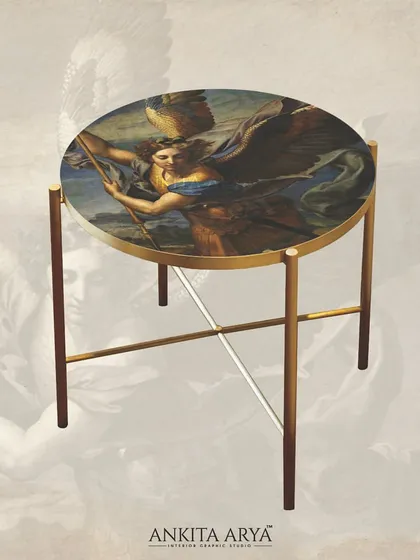 This elegant side table features a printed glass top with a classical, angelic figure. It's a perfect example of how a small piece of furniture can make a grand artistic statement, blending functionality with fine art.