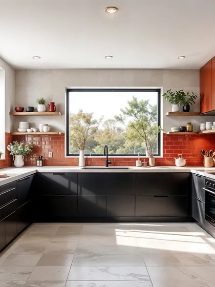 A bold concept kitchen featuring matte black lower cabinets and a striking red-orange tile backsplash. The large windows and open shelving keep the space feeling open and balanced.
