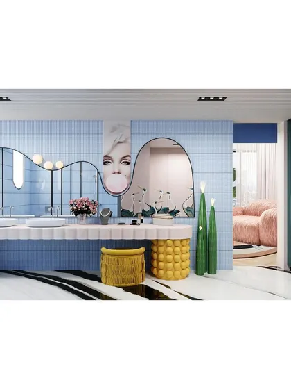 This bathroom in "Whimsy Wonder" features a playful mix of a wavy mirror, bubblegum art, and a scalloped vanity counter against a backdrop of light blue tiles.