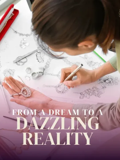 This image captures the heart of my design process. Here, I am working on a new collection, refining sketches and examining a finished piece held in my palm. It shows the transition from a concept on paper to a dazzling, tangible reality, a journey I am honored to guide for my clients.