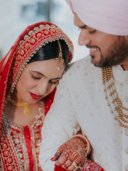 A tender moment between the Sikh bride and groom, their connection evident in this beautiful, close-up portrait.