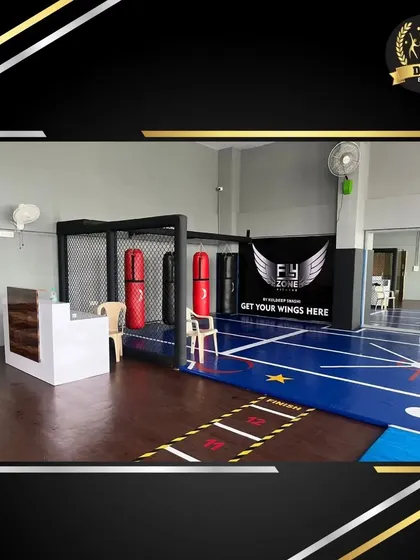 The reception and entrance to the Fly Zone training area, with punching bags and a caged practice section visible. It's a space built for serious training and real results.