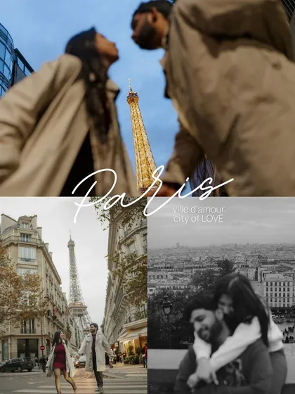 A collage of romantic moments from a pre-wedding shoot in Paris. It combines different angles and moods, from a low-angle shot with the Eiffel Tower to a playful, candid embrace.