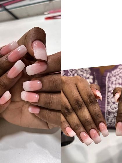 This collage shows another example of a beautiful pink and white ombre on square-shaped nails, a highly requested and popular style.