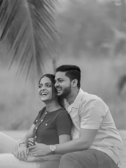 A joyful black and white portrait of Vinay and Yachi. Stripping away the color puts the focus entirely on their radiant smiles and the pure happiness of the moment.