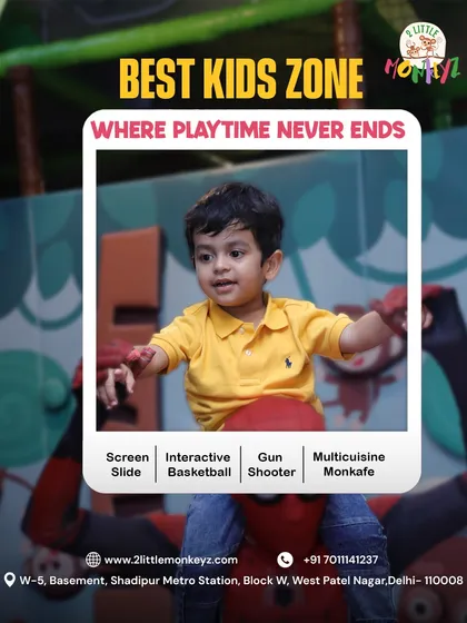 We are the best kids' zone where playtime never ends. This graphic highlights some of our key attractions like the screen slide, interactive basketball, and our multi-cuisine Monkafe.