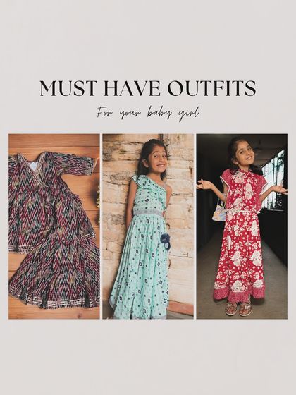 A collage of must-have outfits for your baby girl, showcasing the variety of comfortable and stylish cotton dresses I offer for the festive season.