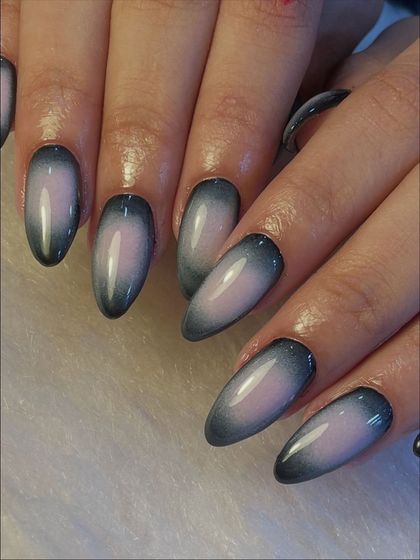 A close-up of our smoky ombré nail art. You can really see the beautiful blend of colors and the high-gloss finish that makes this design so popular.