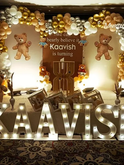 A classic teddy bear theme is always heartwarming. I make it extra special with large, light-up marquee letters spelling out your child's name, creating a stunning centerpiece for the party and a fantastic photo opportunity.