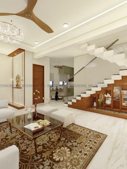 This bright and airy living room uses a white and wood color scheme. The design includes a stylish partition with built-in planters and a comfortable sofa, creating a fresh and modern look.