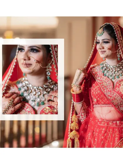A creative collage showing the bride's portrait and a close-up of her beautiful jewelry.