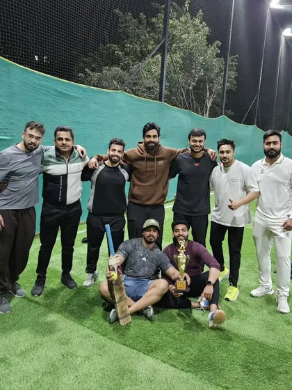 The winning squad, Team Hyper, posing with their trophy after a tough day of cricket. These tournaments are a great way to test your team's skills against other top local players.