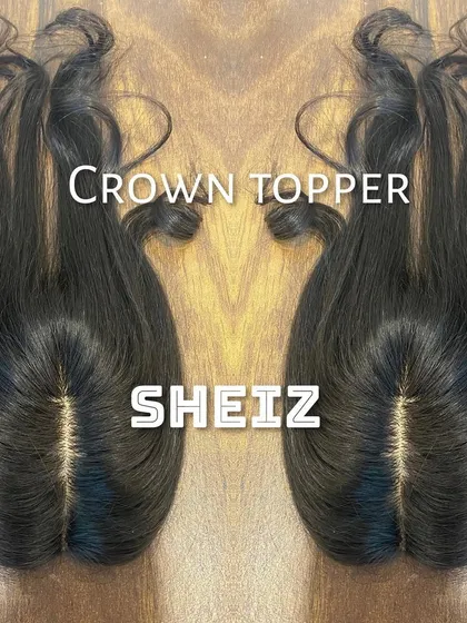 A product shot of our high-quality crown toppers. You can see the natural-looking scalp parting and the healthy sheen of the 100% real human hair we use.