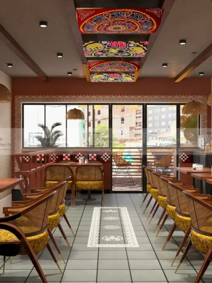 This cafe design is inspired by the rich culture of Odisha. We used traditional Pattachitra art on the ceiling, rustic terracotta colors, and cane furniture to create a cozy and culturally immersive dining experience.