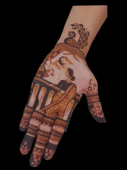 A special design for the Teej festival, depicting a woman waiting on her balcony for the moon. This is an example of how I can bring festive stories to life through henna.