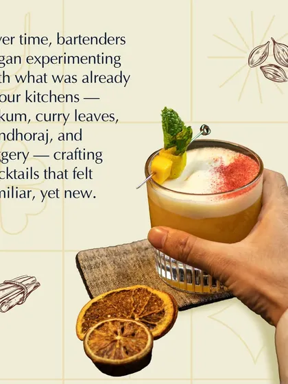 This image illustrates the evolution of the Indian cocktail, showing how modern bartenders use familiar kitchen ingredients like kokum, curry leaves, and jaggery to create new yet nostalgic flavors.