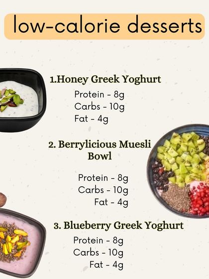 Here are some of my low calorie dessert options. Choose from Honey Greek Yogurt, a Berrylicious Muesli Bowl, or Blueberry Greek Yogurt for a light and sweet treat.