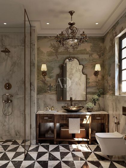 Luxury Victorian washroom feels. This design incorporates vintage fixtures, a landscape wallpaper mural, and a striking black and white patterned floor to evoke a sense of history, luxury, and sophistication.