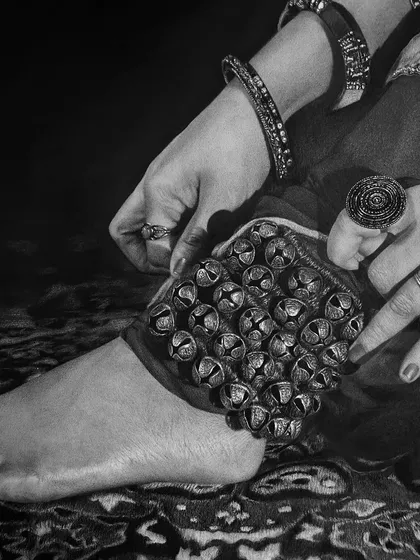 A detailed close-up from my 'Riwayat' series, focusing on a dancer adjusting her ghungroos. I spent hours ensuring every single bell was rendered with realistic highlights and shadows.