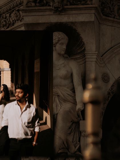 A creative composition layering different elements of the architectural location with a candid shot of the couple.