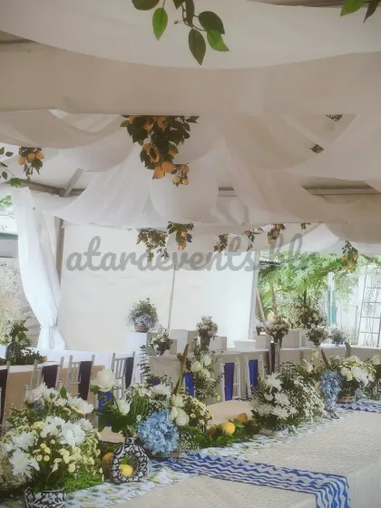 A slice of Sicily in the heart of Namma Bengaluru. This elegant, long-table setup for a Mediterranean-themed event features crisp white and blue linens, fresh lemon accents, and beautiful floral runners, creating a sophisticated outdoor dining experience.