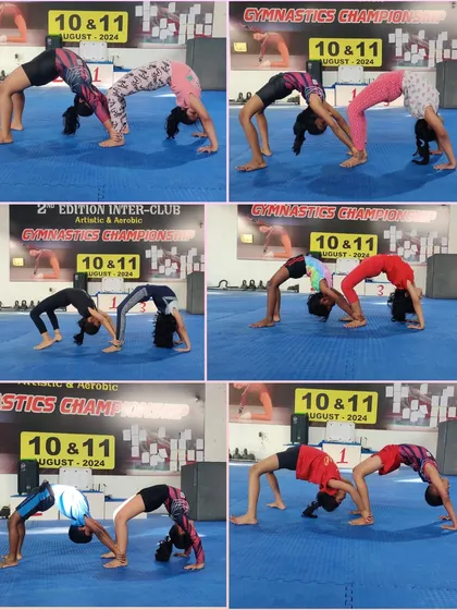 Two-person back arch bridges are a fun recreational activity for our beginners. It's a great way to work on flexibility and strength with a partner.