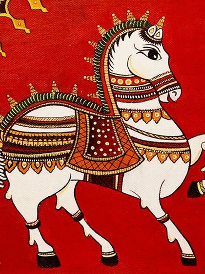 A third variation of the Indian horse painting, set against a vibrant red, showing how students can develop their own style within a traditional framework.