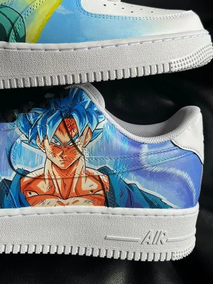 A detailed close-up of the custom Goku sneaker, capturing the intensity of his Super Saiyan Blue transformation.