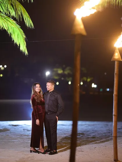 A destination pre-wedding shoot in Malaysia. The makeup is designed to withstand the humid climate while looking glamorous against the beach backdrop.