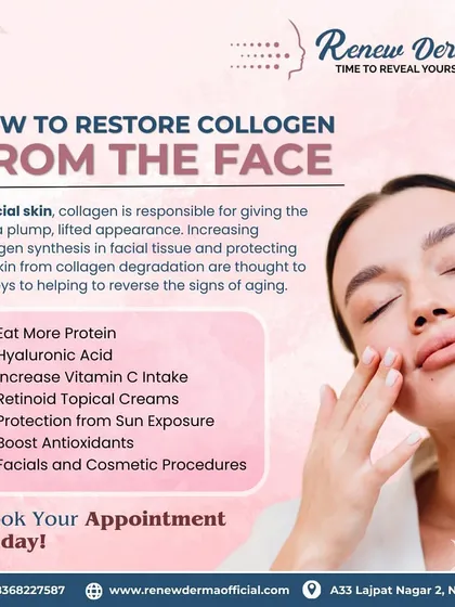 Wondering how to restore collagen in your face? This graphic provides key tips, from diet and sun protection to professional cosmetic procedures that we offer at the clinic.