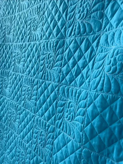 Here you can see the detail of our intricate longarm stitching. This close-up shows a combination of feathery swirls and cross-hatching, techniques we use to add rich texture and durability to your quilts.