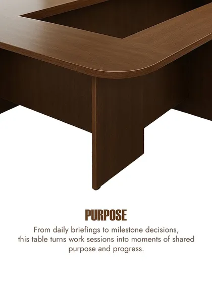 The text overlay here emphasizes the purpose of my boardroom tables. They are built to turn work sessions into moments of shared progress and decision-making.