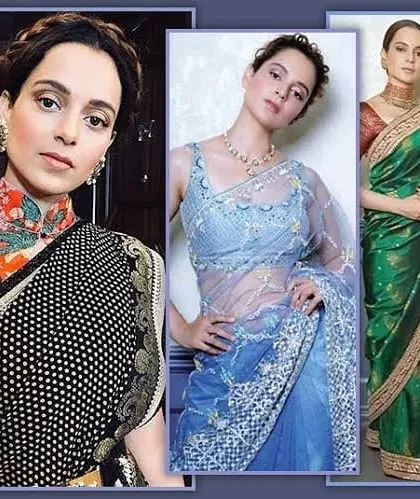 A collage showing how different blouse styles can change the entire look of a saree. From a high-neck floral blouse to a simple sleeveless one, we can stitch any design you want.