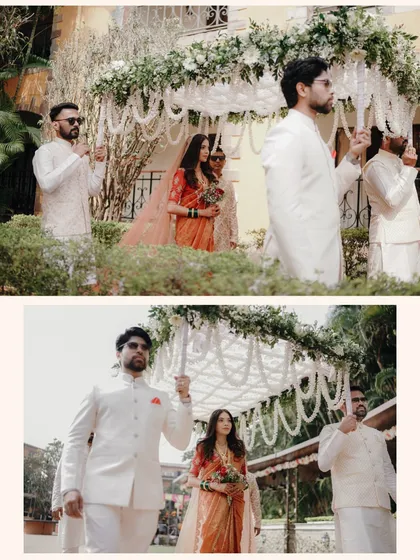 A collage showing different angles of the bride's entry, escorted by her brothers under a beautiful 'phoolon ki chaadar'.