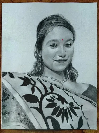 This portrait of a woman in a saree with a floral pattern shows my ability to render complex designs on clothing.