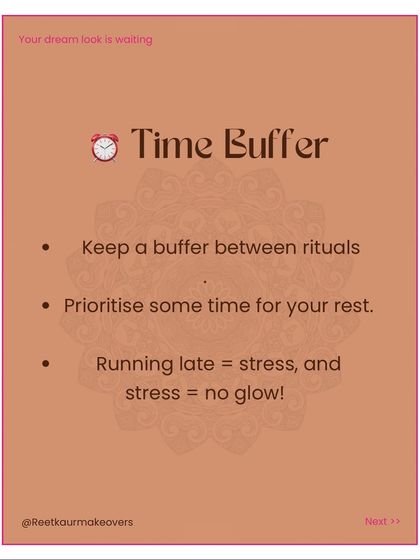 A checklist tip on keeping a time buffer. Running late equals stress, and stress equals no glow. Prioritize rest and keep a buffer between rituals.